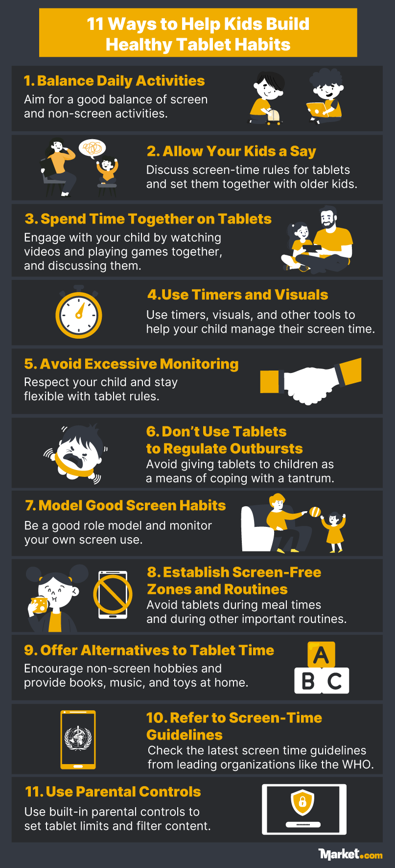 An infographic showing ways to help kids build healthy tablet viewing habits