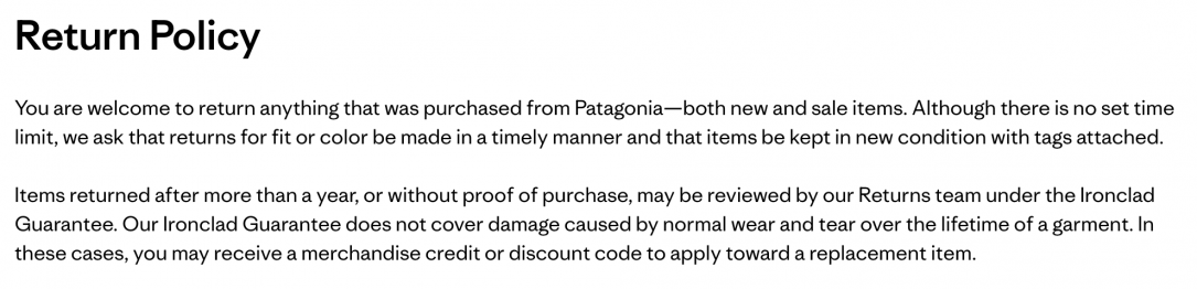 Screenshot of Patagonia's return policy