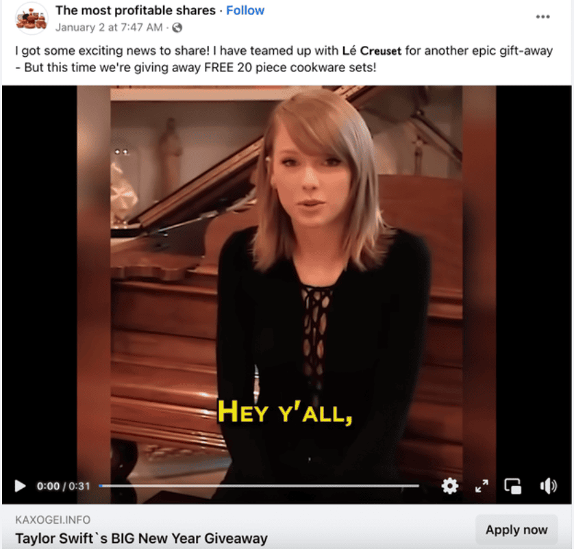 A screenshot of a deepfake video ad of Tailor Swift