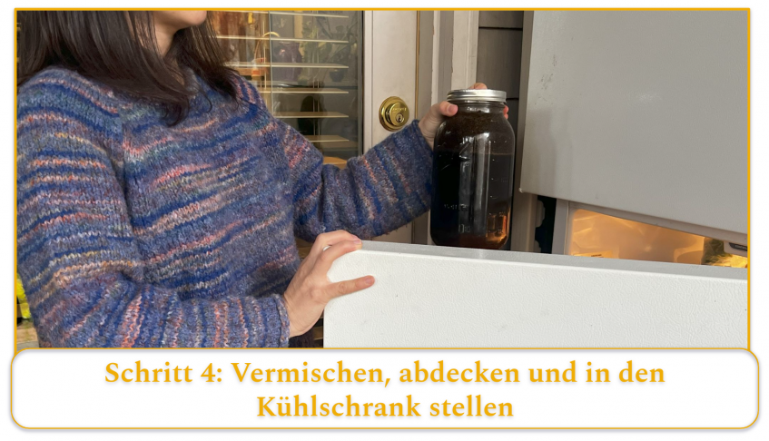 step 4 of making cold brew coffee; mix filtered water and coffee grounds together before covering and storing in the fridge