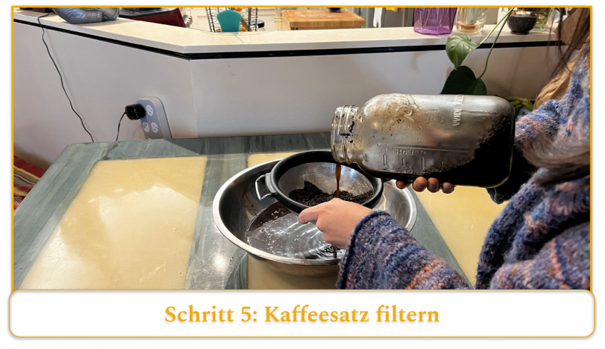 step 5 of making cold brew coffee; filter out the coffee grounds using a mesh sieve into a large bowl