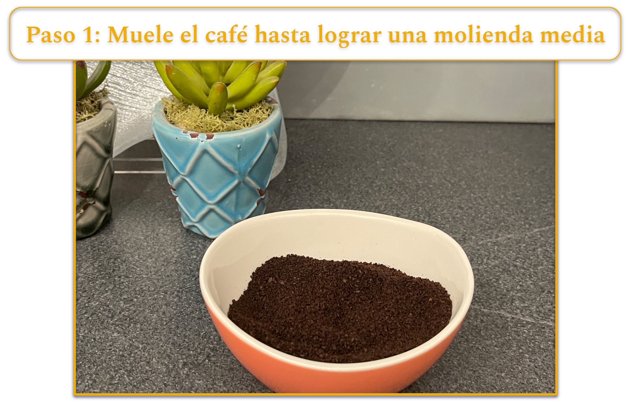 step 1 of making french press coffee; coffee beans ground to a medium-coarse texture