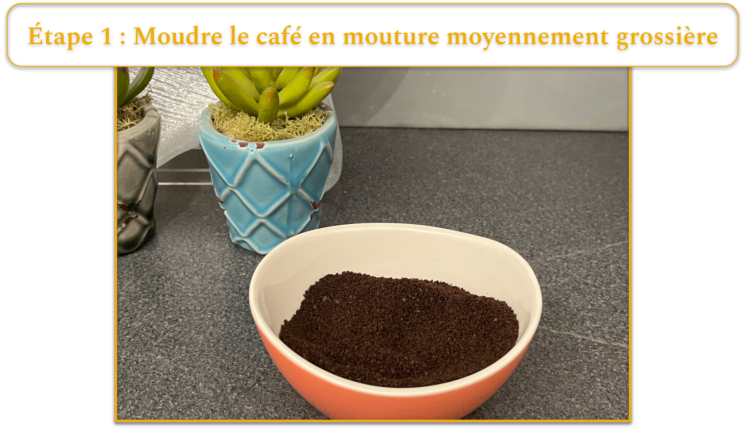 step 1 of making french press coffee; coffee beans ground to a medium-coarse texture