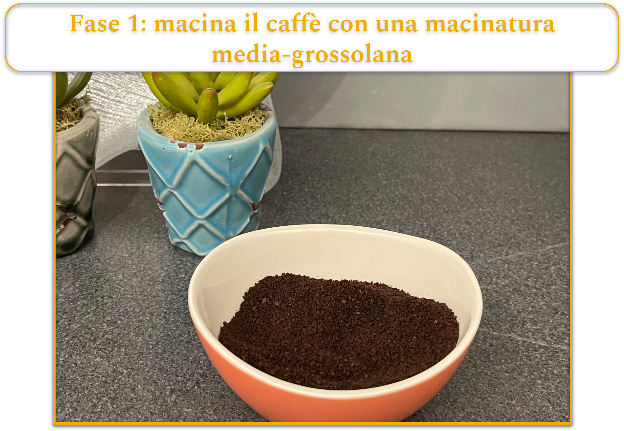 Fase 1 della preparazione del caffè con macchina da caffè a stantuffo francese; macinatura dei chicchi di caffè a grana media-grossolana