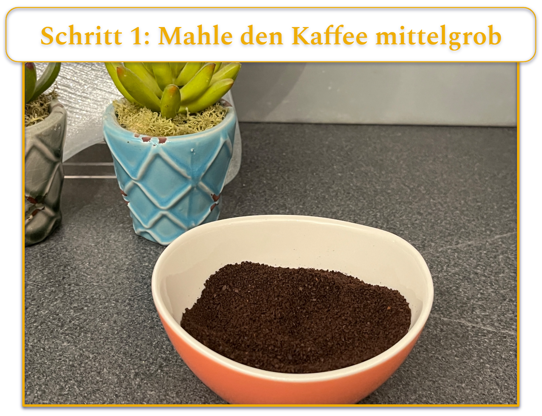 Schritt 1 bei der Zubereitung von French-Press-Kaffee; Kaffeebohnen, gemahlen auf eine mittelgrobe Körnung