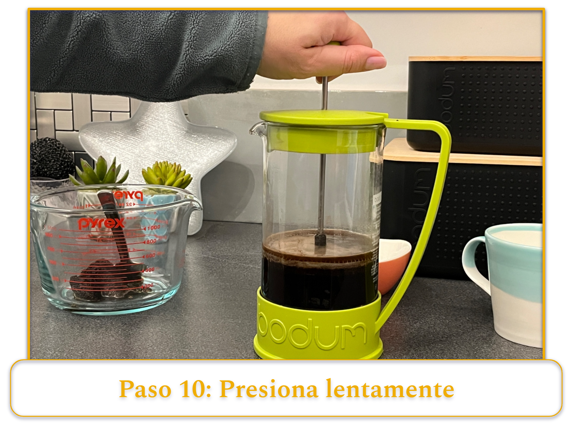 step 10 of making french press coffee; plunge slowly