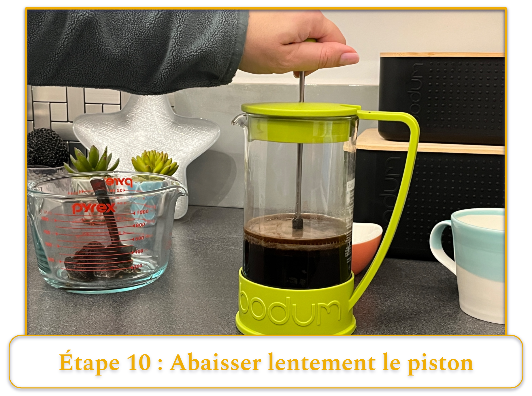 step 10 of making french press coffee; plunge slowly