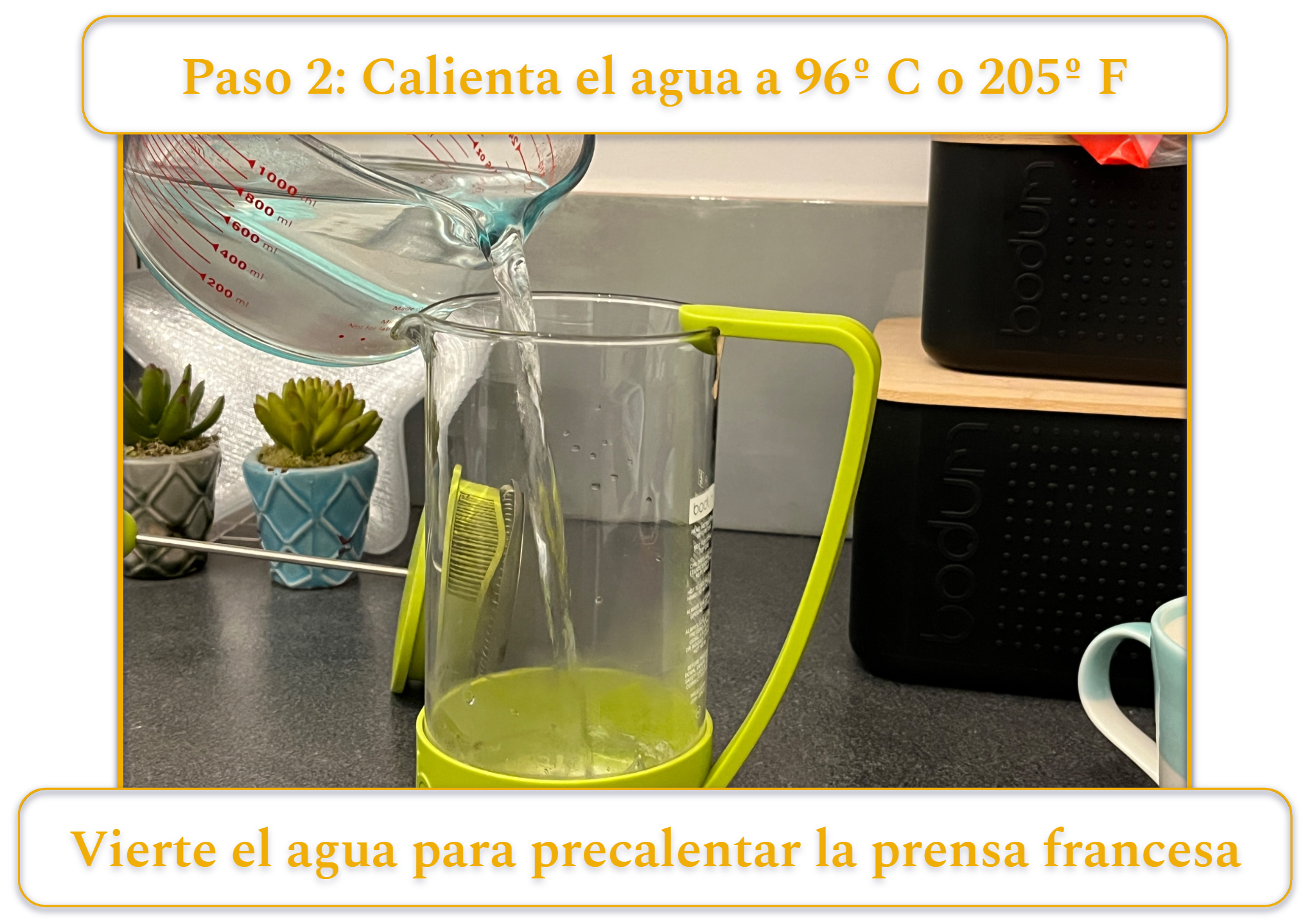 step 2 of making french press coffee; pouring hot water into a french press to preheat the glass