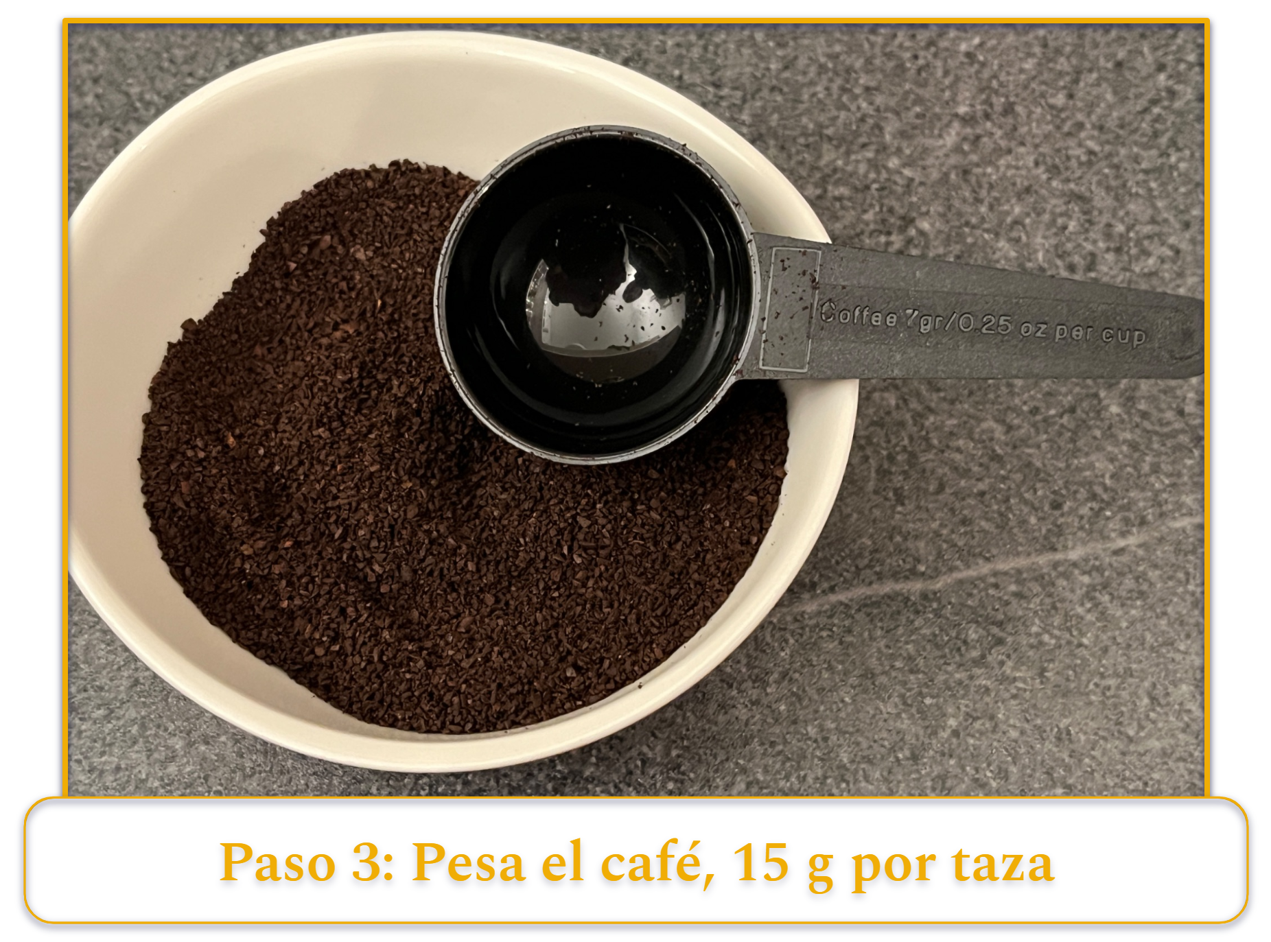 step 3 of making french press coffee; weighing coffee grounds