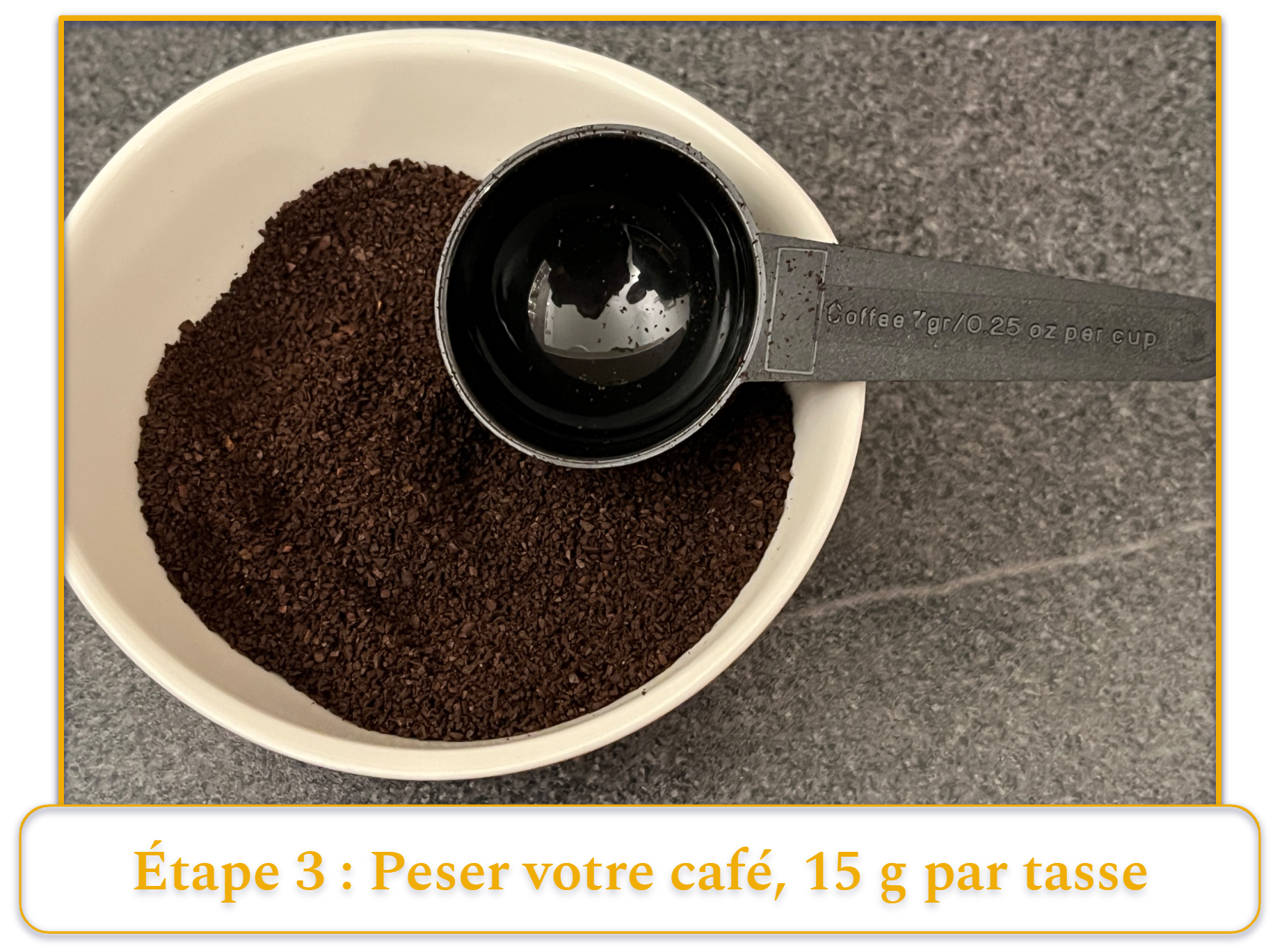 step 3 of making french press coffee; weighing coffee grounds