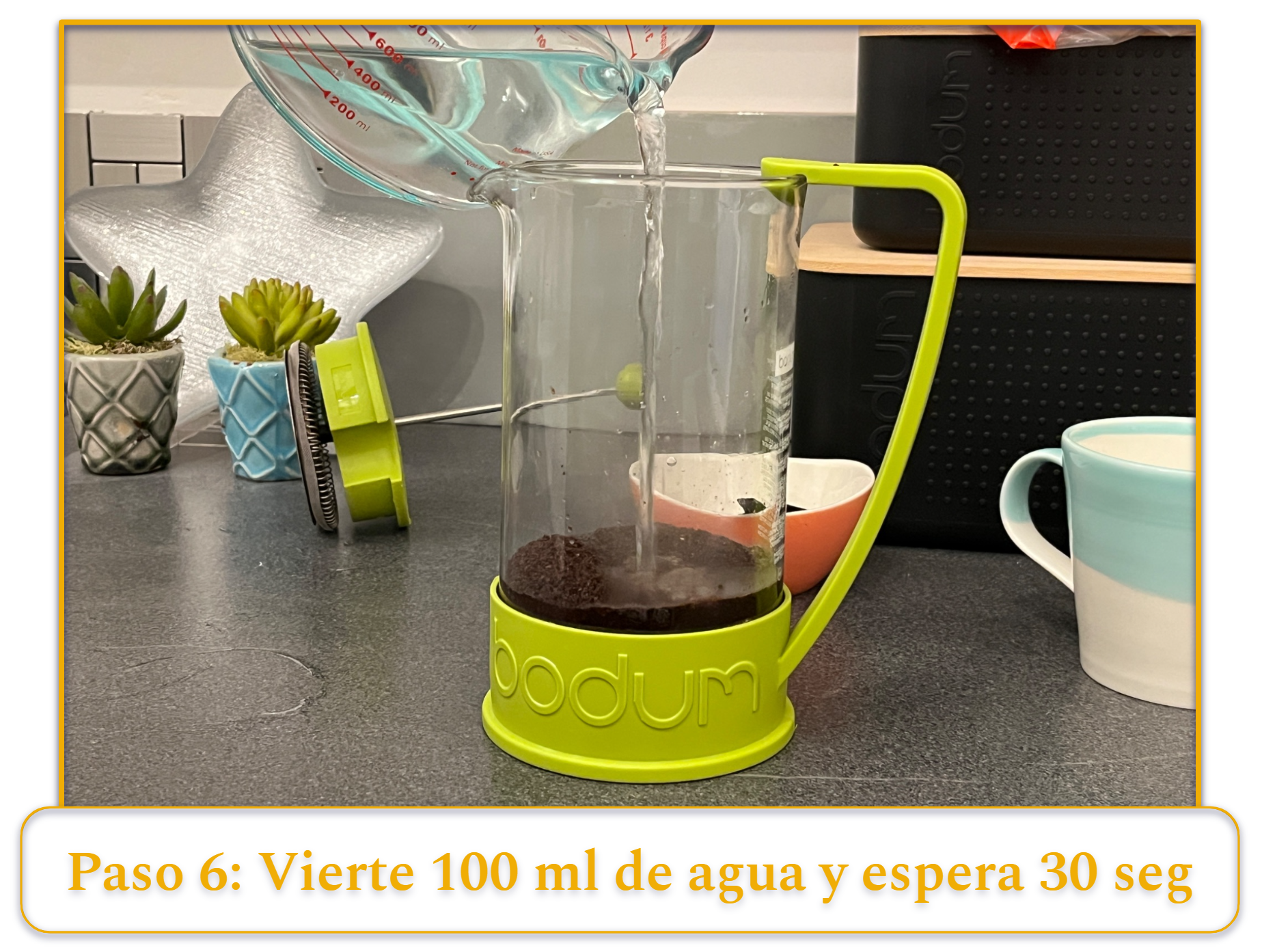 step 6 of making french press coffee; the first pour of water