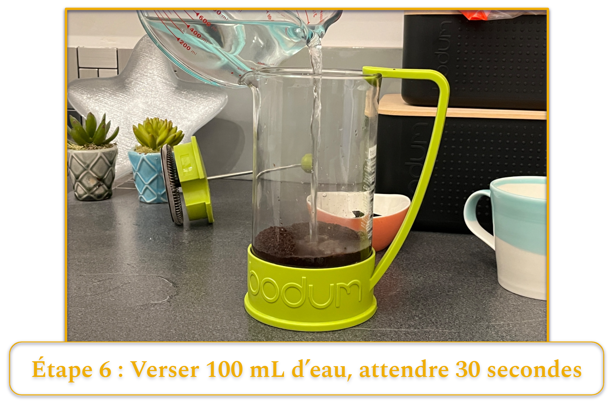 step 6 of making french press coffee; the first pour of water