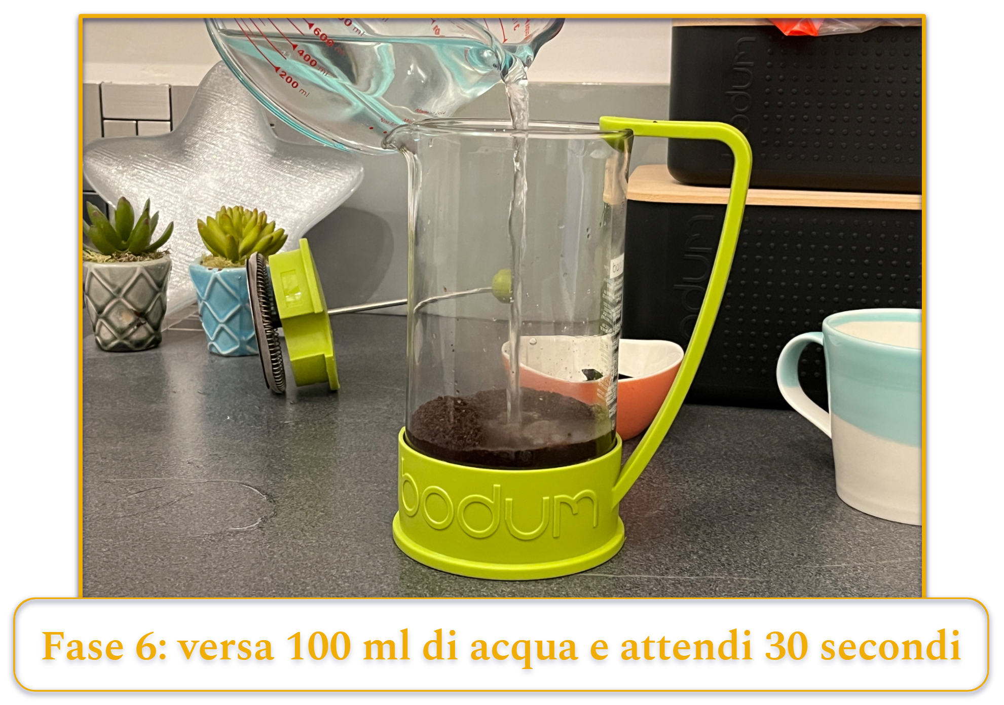 Fase 6 della preparazione del caffè con la macchina da caffè a stantuffo francese: versa acqua una prima volta
