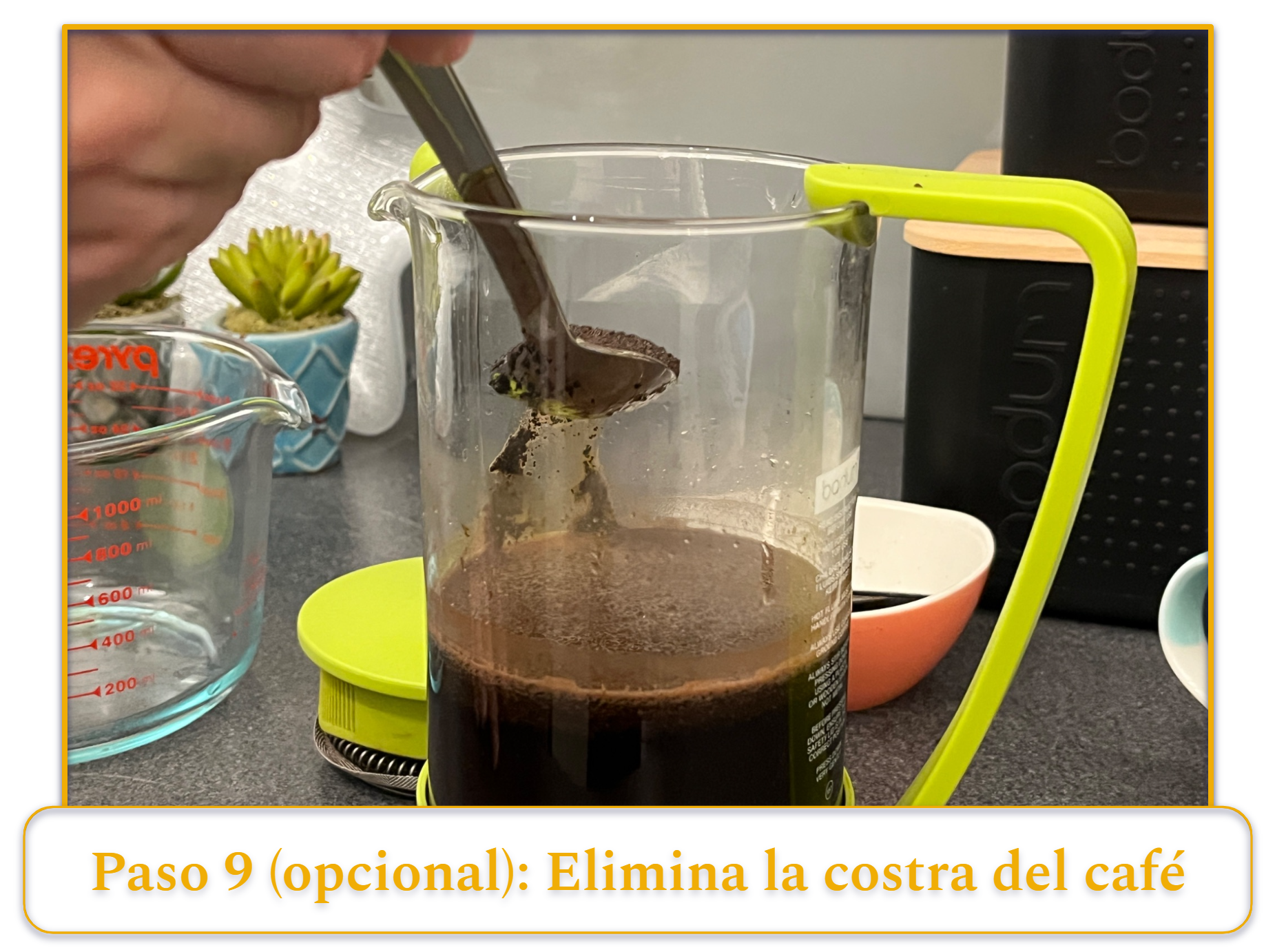 step 9 of making french press coffee; an optional step of removing coffee crust from the top of your steeped coffee