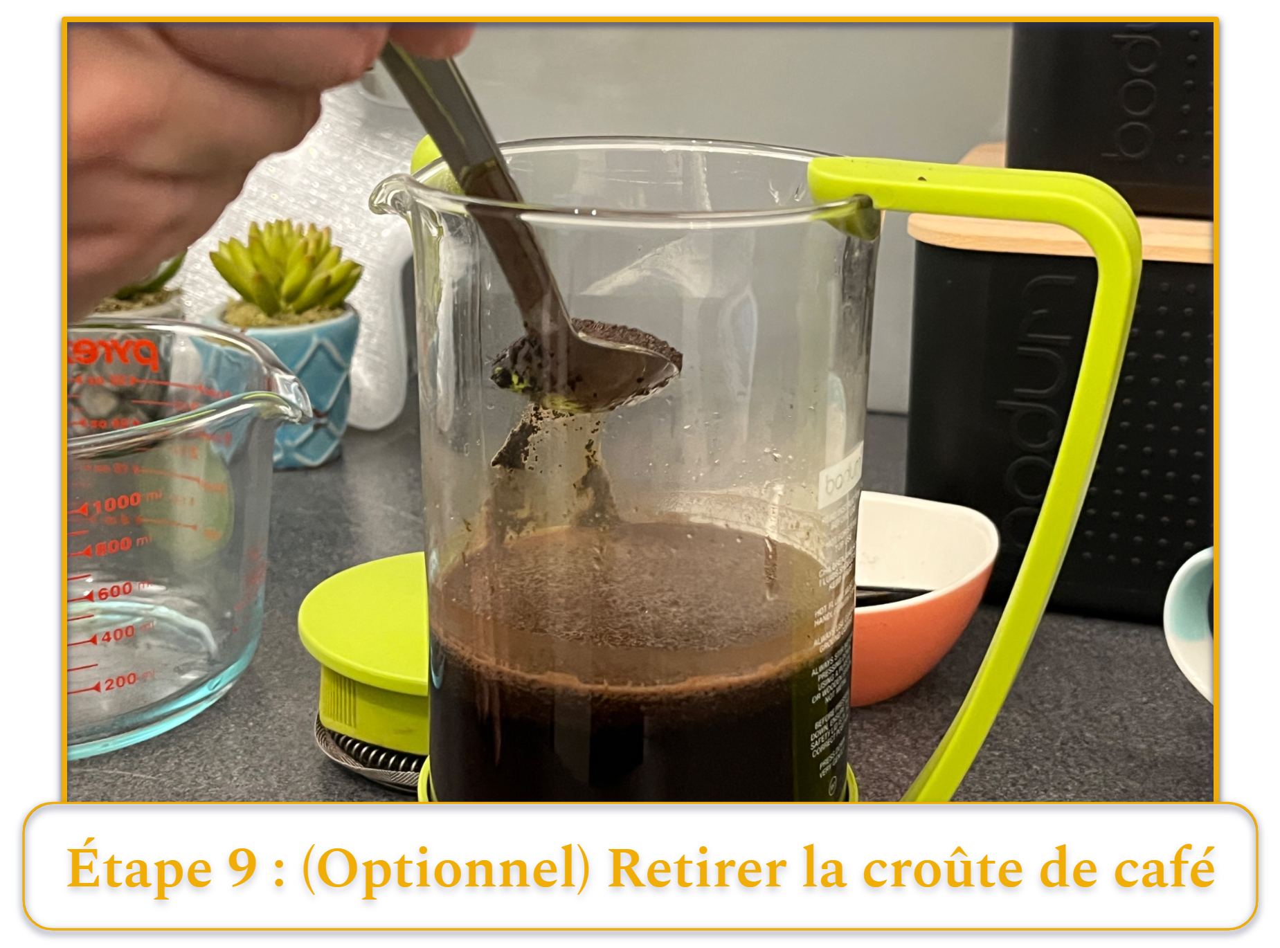 step 9 of making french press coffee; an optional step of removing coffee crust from the top of your steeped coffee