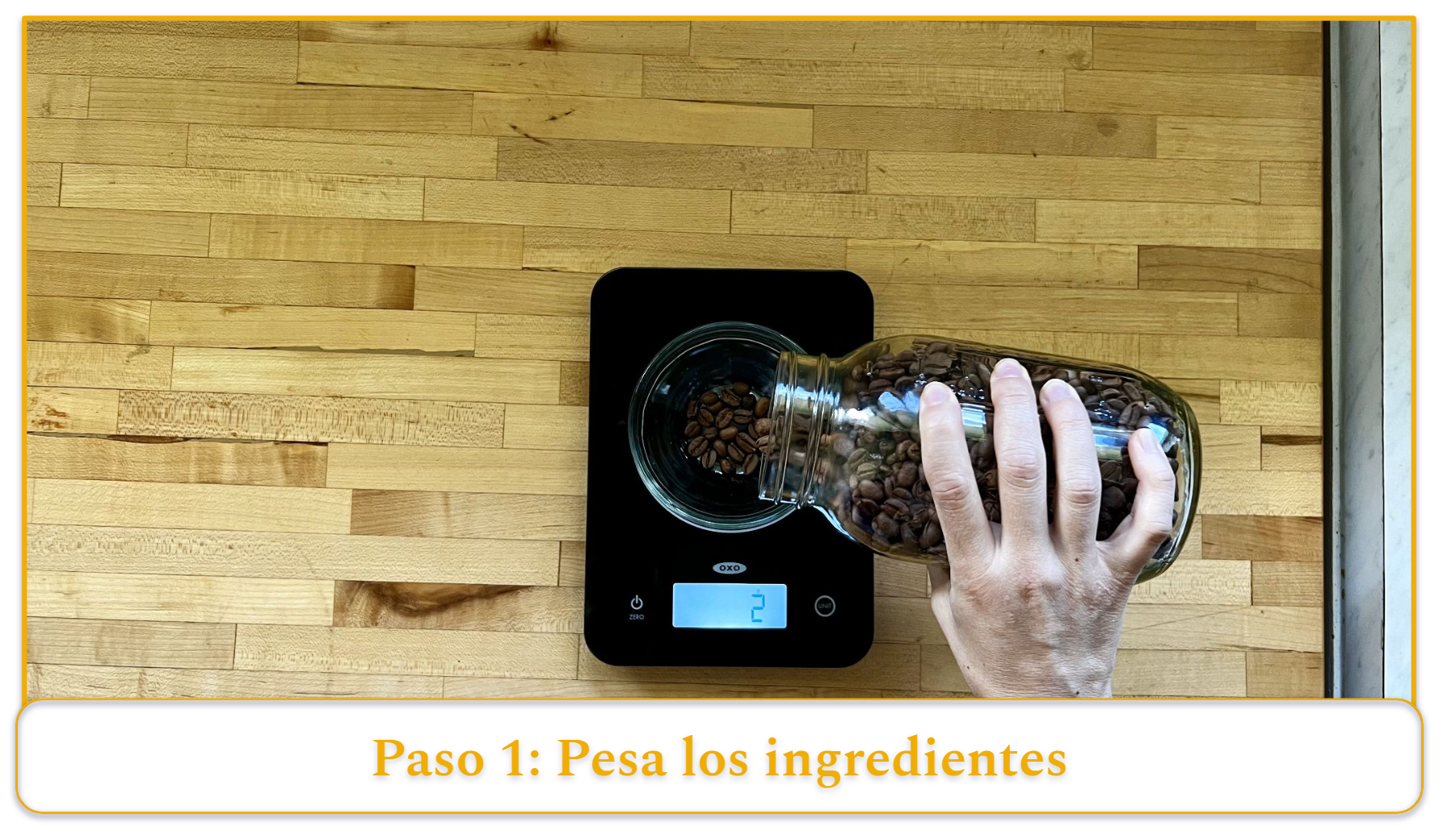 step 1 of using a pour-over coffee maker; weighing coffee beans with a food scale