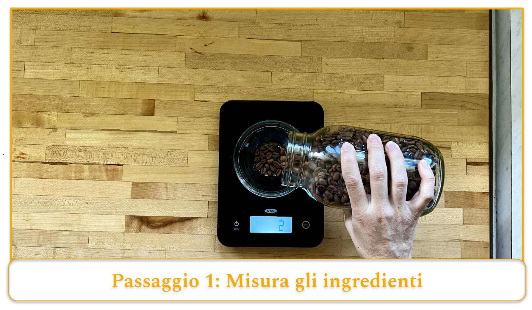 step 1 of using a pour-over coffee maker; weighing coffee beans with a food scale