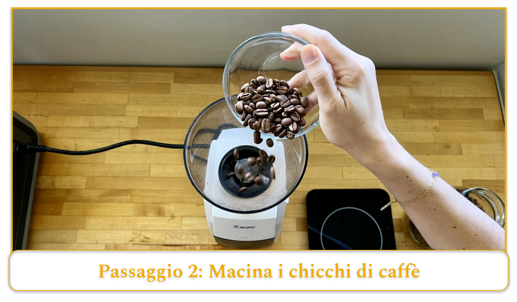 step 2 of using a pour-over coffee maker; grinding coffee beans