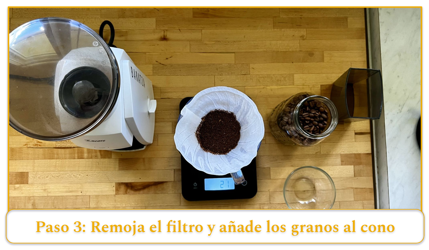 step 3 of using a pour-over coffee maker; adding coffee grounds to the cone