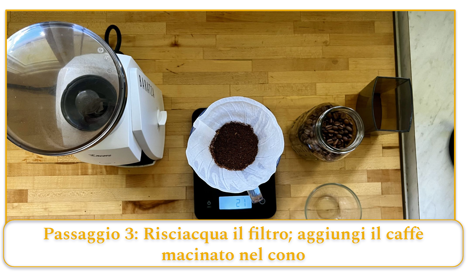 step 3 of using a pour-over coffee maker; adding coffee grounds to the cone