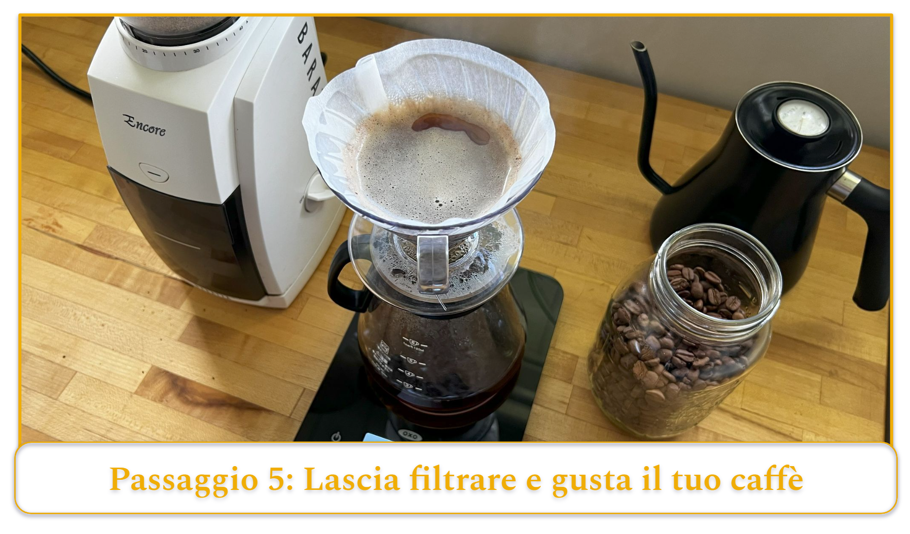 step 5 of using a pour-over coffee maker; filtering the coffee