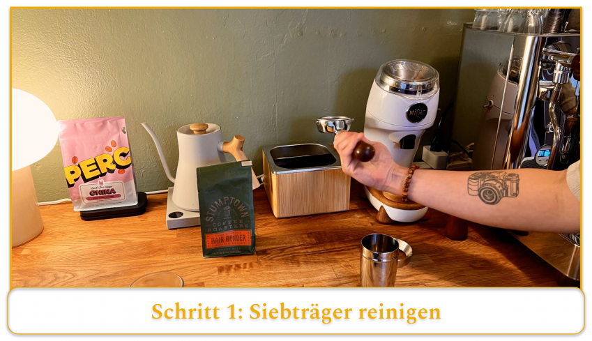 step 1 of using an espresso machine; clean the portafilter