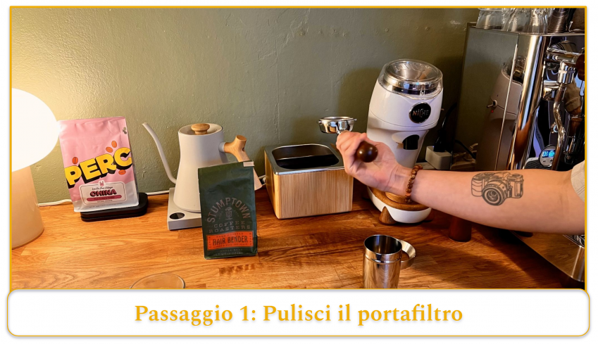 step 1 of using an espresso machine; clean the portafilter