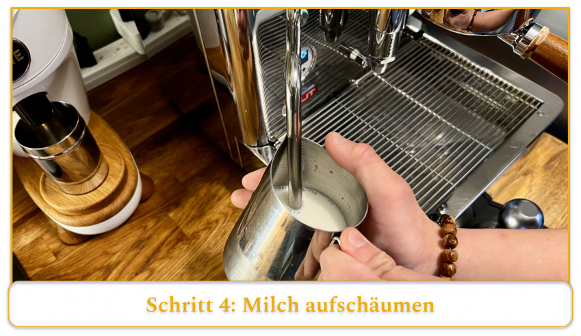 step 4 of using an espresso machine's steam wand; steam the milk