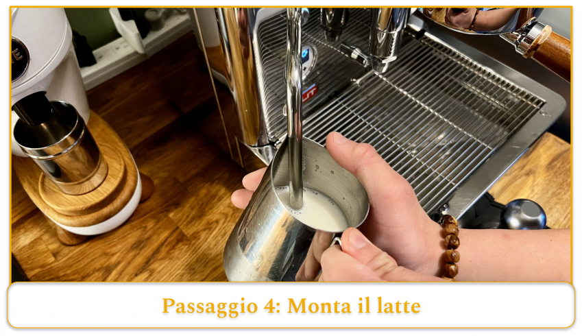 step 4 of using an espresso machine's steam wand; steam the milk