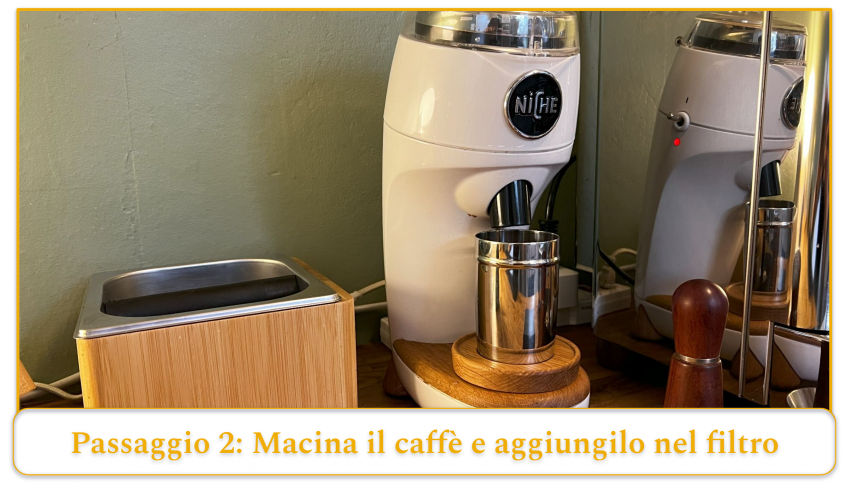 step 2 of using an espresso machine; grind your coffee beans and add the grounds to the basket