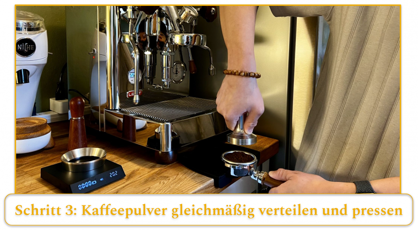 step 3 of using an espresso machine; level the grounds and tamp them down