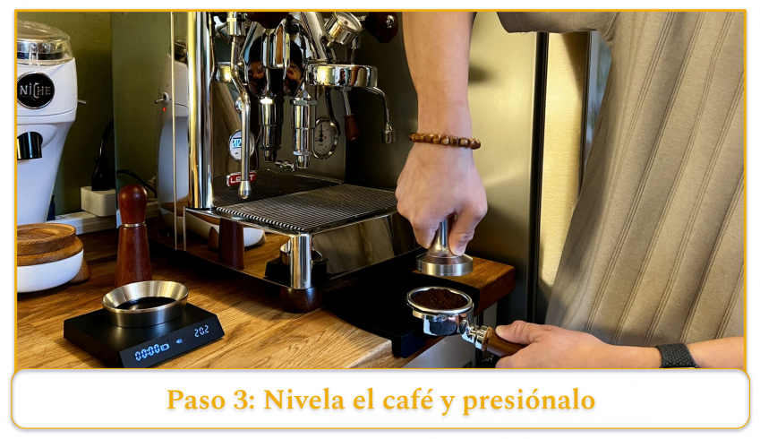 step 3 of using an espresso machine; level the grounds and tamp them down