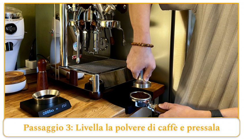 step 3 of using an espresso machine; level the grounds and tamp them down