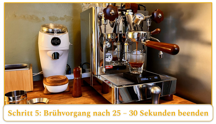 step 5 of using an espresso machine; wait 25-30 seconds and stop brewing