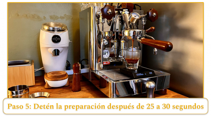 step 5 of using an espresso machine; wait 25-30 seconds and stop brewing