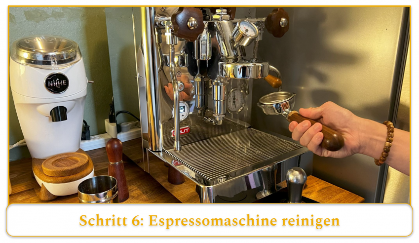 step 6 of using an espresso machine; clean the espresso machine