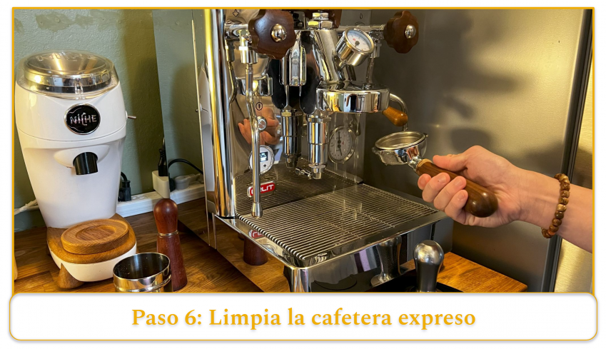 step 6 of using an espresso machine; clean the espresso machine