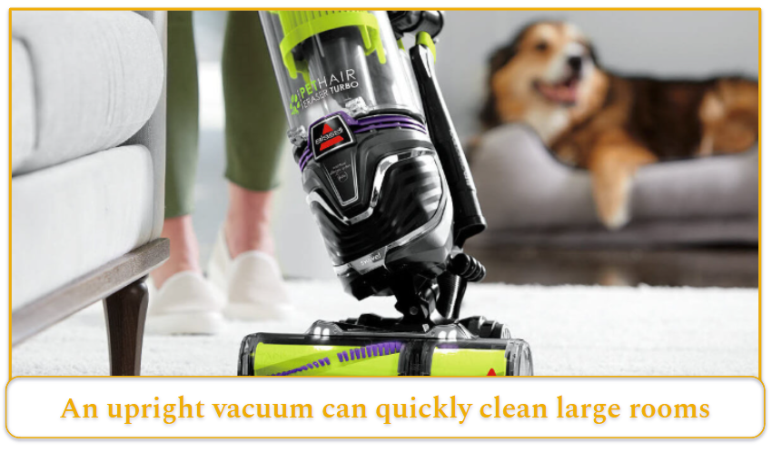 An upright vacuum used to clean a white carpet.