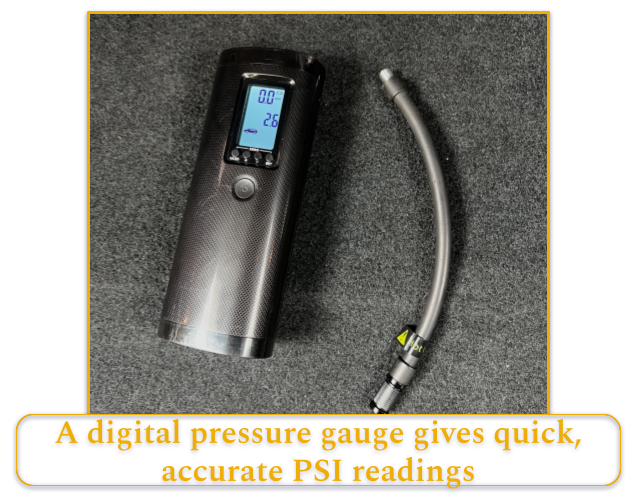 Digital tire pressure gauge displaying PSI reading