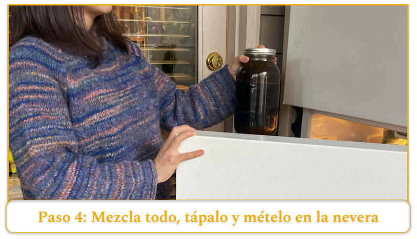 step 4 of making cold brew coffee; mix filtered water and coffee grounds together before covering and storing in the fridge
