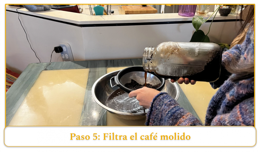 step 5 of making cold brew coffee; filter out the coffee grounds using a mesh sieve into a large bowl